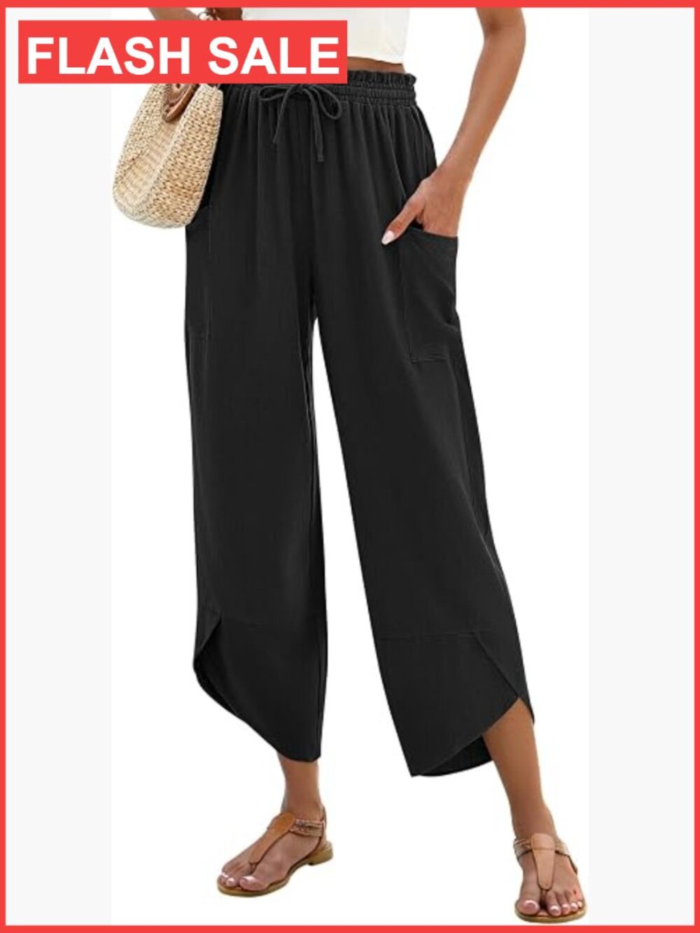 Women's Boho Wide Leg Linen Capri Palazzo Pants with Pockets Drawstring